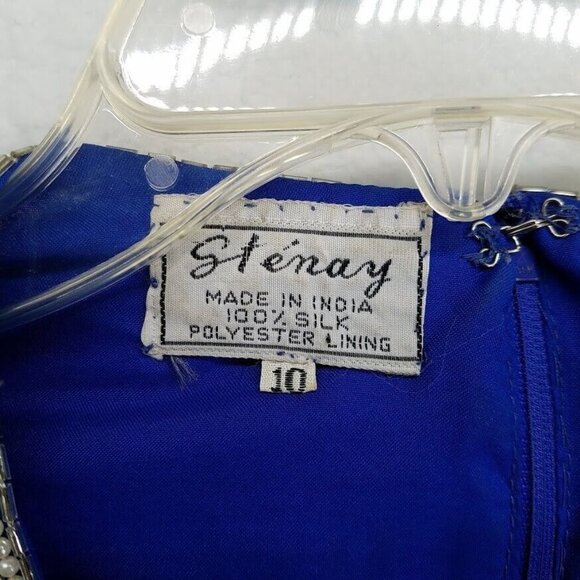 Vintage 2 Piece Silk Blouse Skirt Set Size 10 Blue Silver Beaded Shoulder Pads - Picture 10 of 12